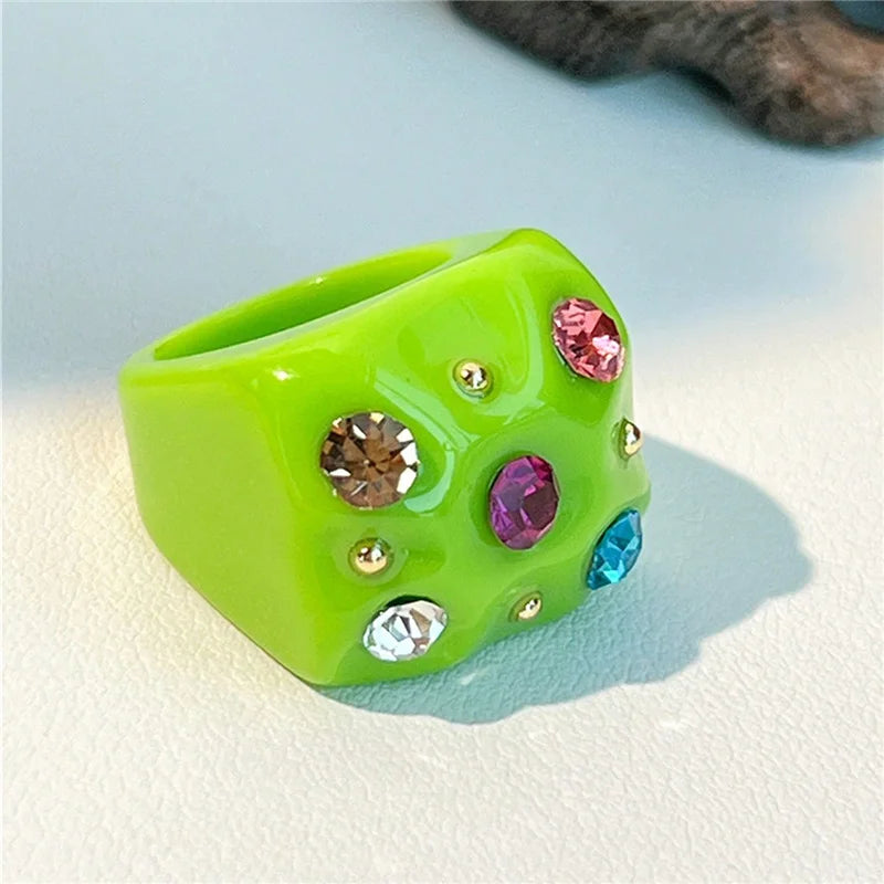 2022 New Sweet Multicolor Resin Oil Drip Ring for Women Geometric Oval Flowers Beads Rhinestones Ring Cute Jewelry HangZhi - 