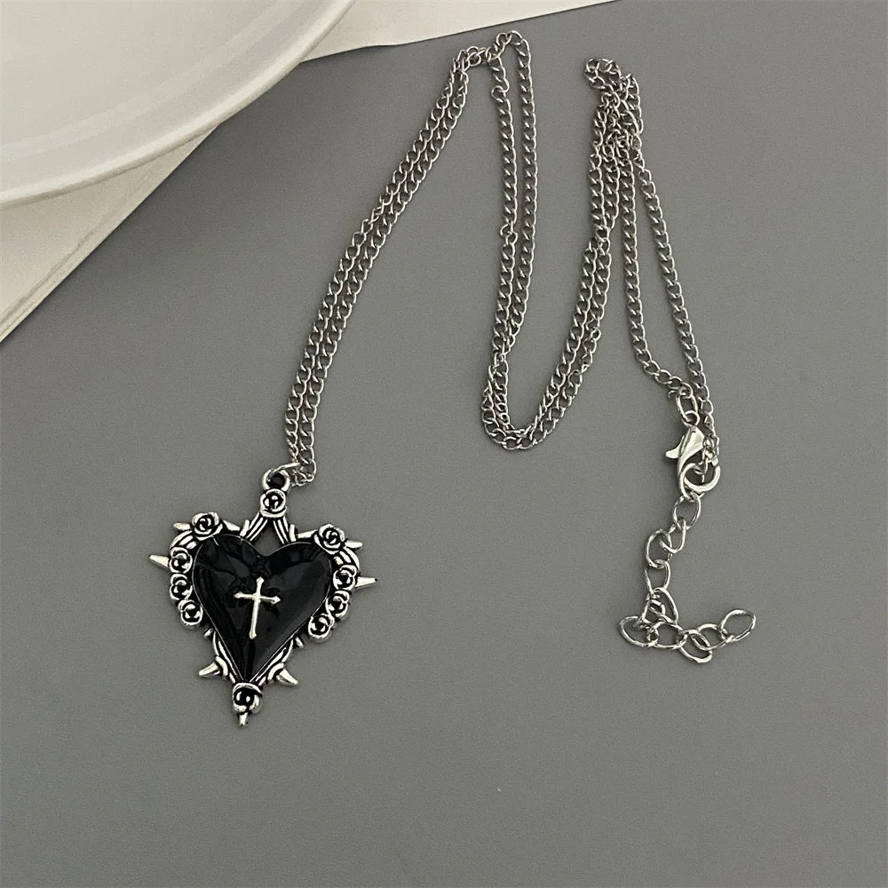 Punk Rock Red Black Heart Pendant Chain Necklace For Men Women Cool Hip Hop Street Vintage Goth Accessories Trendy Jewelry - 
