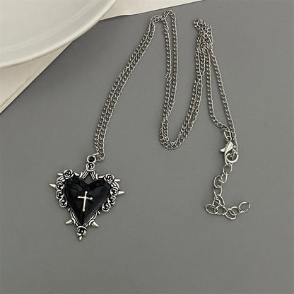 Punk Rock Red Black Heart Pendant Chain Necklace For Men Women Cool Hip Hop Street Vintage Goth Accessories Trendy Jewelry - 