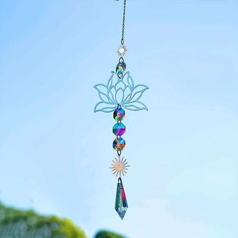 1PcMetalLotusandArtificial Crystal Suncatcher Charm Handmade Applicable Home Wind Chime Pendant Outdoor Garden Plant Decorati