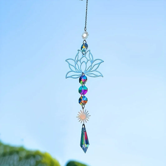 1PcMetalLotusandArtificial Crystal Suncatcher Charm Handmade Applicable Home Wind Chime Pendant Outdoor Garden Plant Decorati