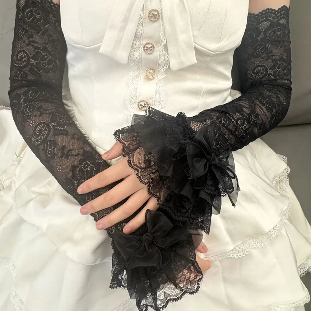 1 Pair Women Lolita Jk Lace Fingerless Gloves Black Gothic Fake Sleeves Trendy Elastic Long Lace Arm Sleeves Clothes Decorati