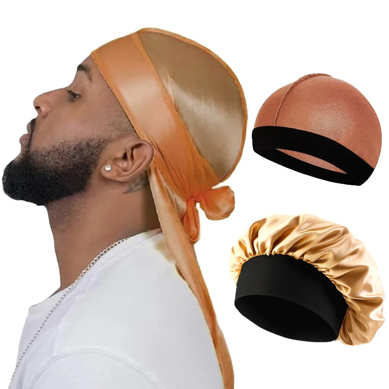 3PCS/LOT Men Silky Durag Long Tail Pirate Hat Headband Turban Dome Wave Cap Unisex Wig Cap Elastic Band Satin Bonnet - khaki