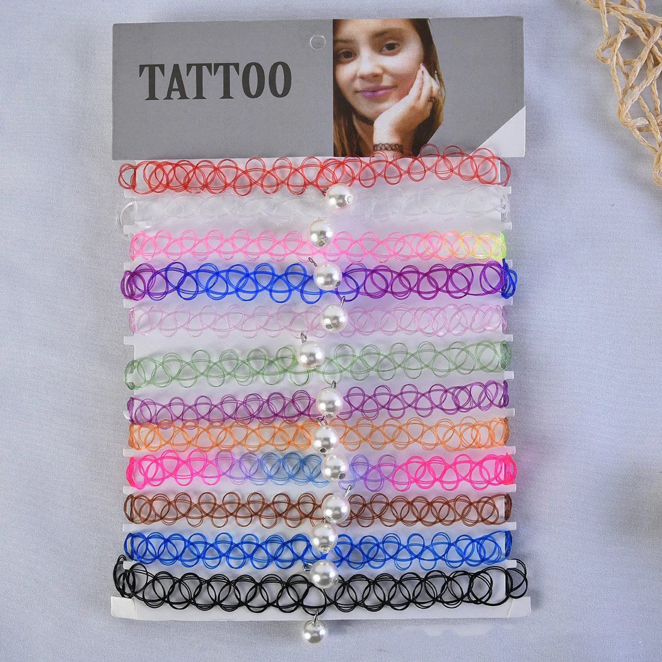 12pcs/lot Vintage Hippy Stretch Tattoo Choker Necklace Elastic Chocker Necklace Fishing Line Tattoo Colorful Necklace - Style