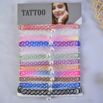 12pcs/lot Vintage Hippy Stretch Tattoo Choker Necklace Elastic Chocker Necklace Fishing Line Tattoo Colorful Necklace