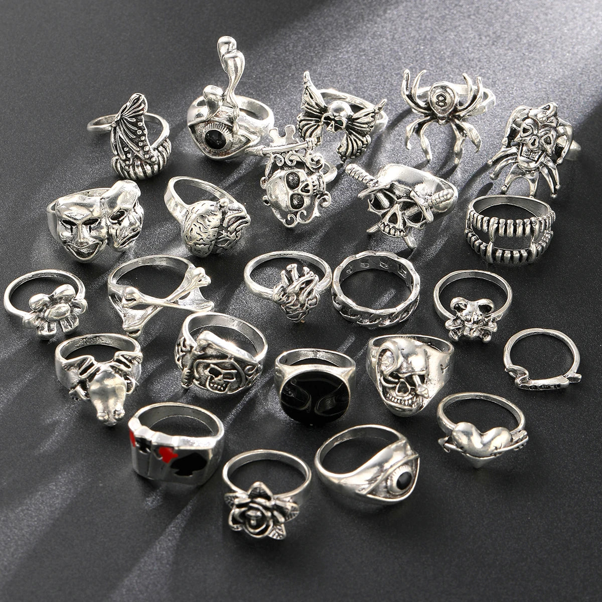 24 Pcs Gothic Skeleton Unisex Ring Set Punk Grunge Butterfly Frog Woman Man Jewelry Hip Hop Party Street Ring Accessories Gif