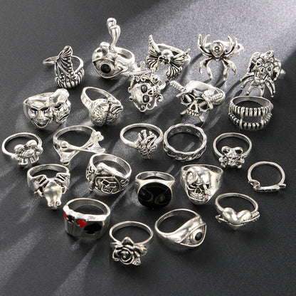 24 Pcs Gothic Skeleton Unisex Ring Set Punk Grunge Butterfly Frog Woman Man Jewelry Hip Hop Party Street Ring Accessories Gif
