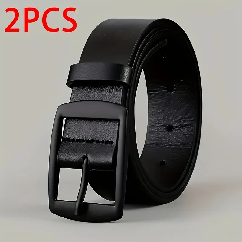 New Luxury Belt for Men PU Leather Belt Metal Pin Buckle Famous Brand Designer Waist Strap Belt for Jeans Plus Size - 2Pcs Bl