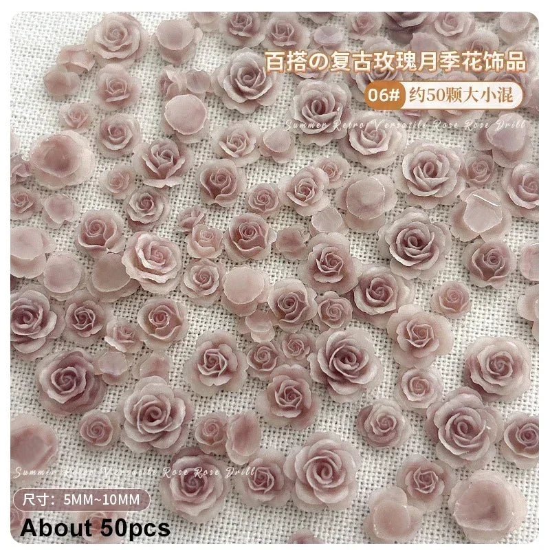 50Pcs Vintage 3D Rose Flowers Nail Art Jewelry Decoration Colorful Halo Dyeing Camellia DIY Fashion Manicure Accessory - MP80