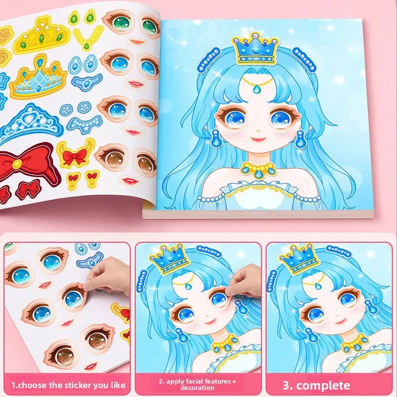 Stickers Book Handicrafts Creative Kids Stickers 15 Pages Toy Puzzle Reusable for Girls Cartoon Princess Make A Face Stickers