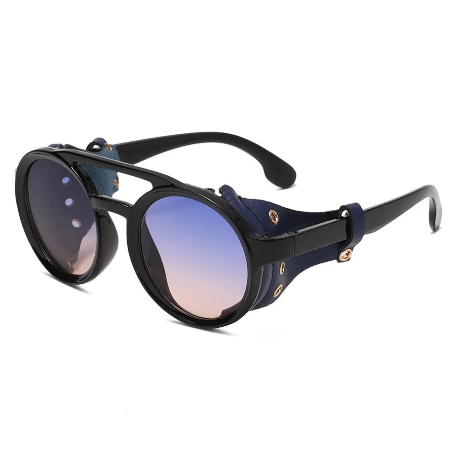 Retro Sunglasses Men Women Leather Round Glasses Vintage Goggles Anti Wind Outdoors Sports Sun Glasses UV400 - Blue Pink
