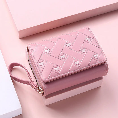 Women's Wallet Tri Fold Card Bag PU Multi Objects Pocket Short Fashion Embroidered Love Pattern Korean Minimalist New 2024 - 