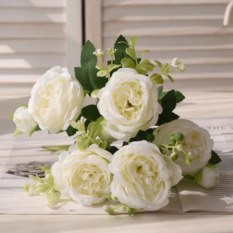 30cm Rose Pink Silk Bouquet Peony Artificial Flower 5 Big Head 4 Small Bud Bride Wedding Home Decoration Artificial Flower - 