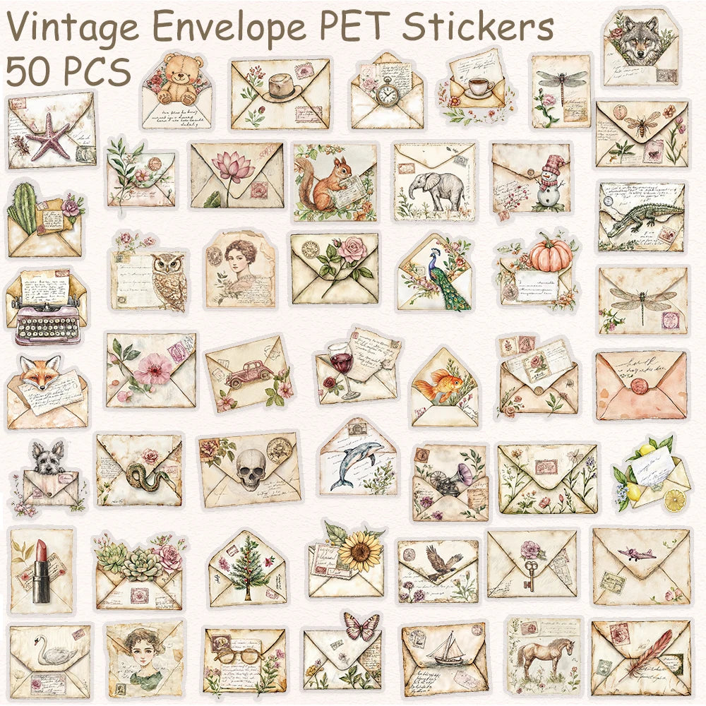 50pcs Vintage Envelope Transparent PET Stickers Decals For Phone Laptop Notebook Refrigerator DIY Aesthetic Waterproof Sticke