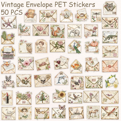 50pcs Vintage Envelope Transparent PET Stickers Decals For Phone Laptop Notebook Refrigerator DIY Aesthetic Waterproof Sticke