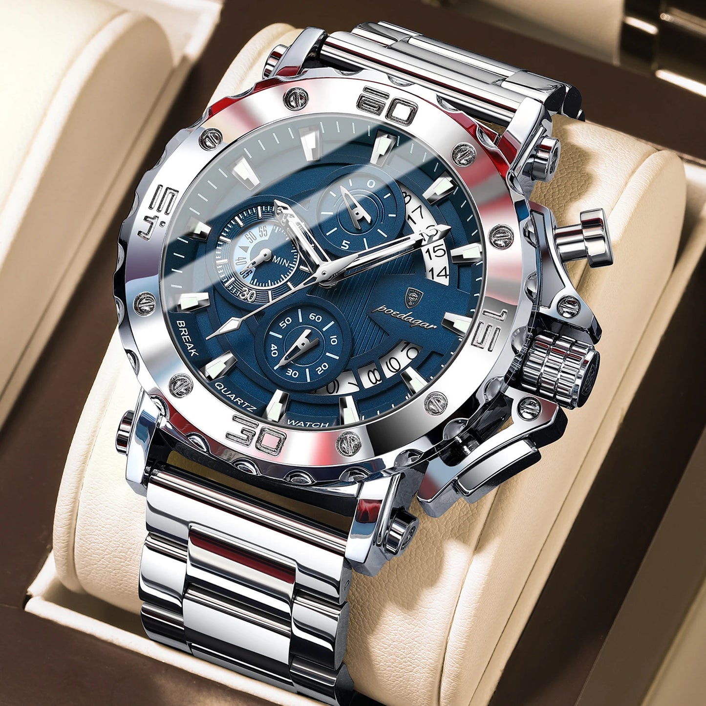 POEDAGAR Luxury Watch For Men Calendar Luminous Waterproof Man Clock Male Chronograph Stainless Steel Men's Quartz Watches Re