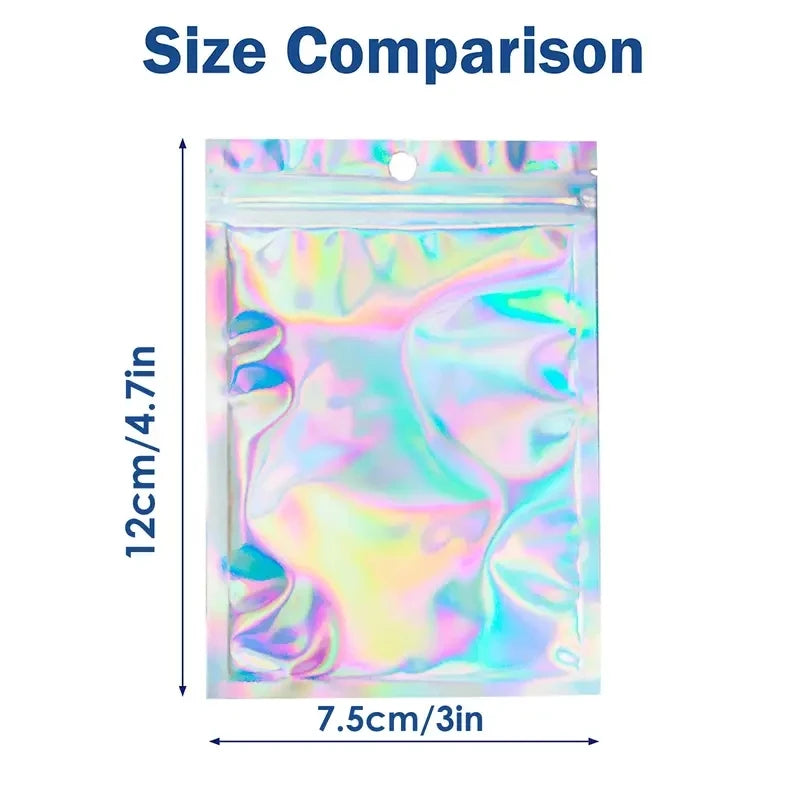 100pcs Holographic Resealable Mylar Bags Ziplock Candy Suger Tee Jewelry Beauty Storage Bag - 12x7.5cm