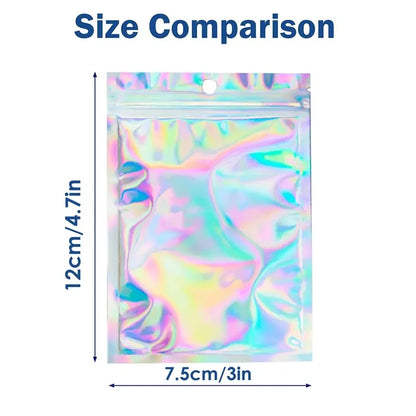 100pcs Holographic Resealable Mylar Bags Ziplock Candy Suger Tee Jewelry Beauty Storage Bag - 12x7.5cm