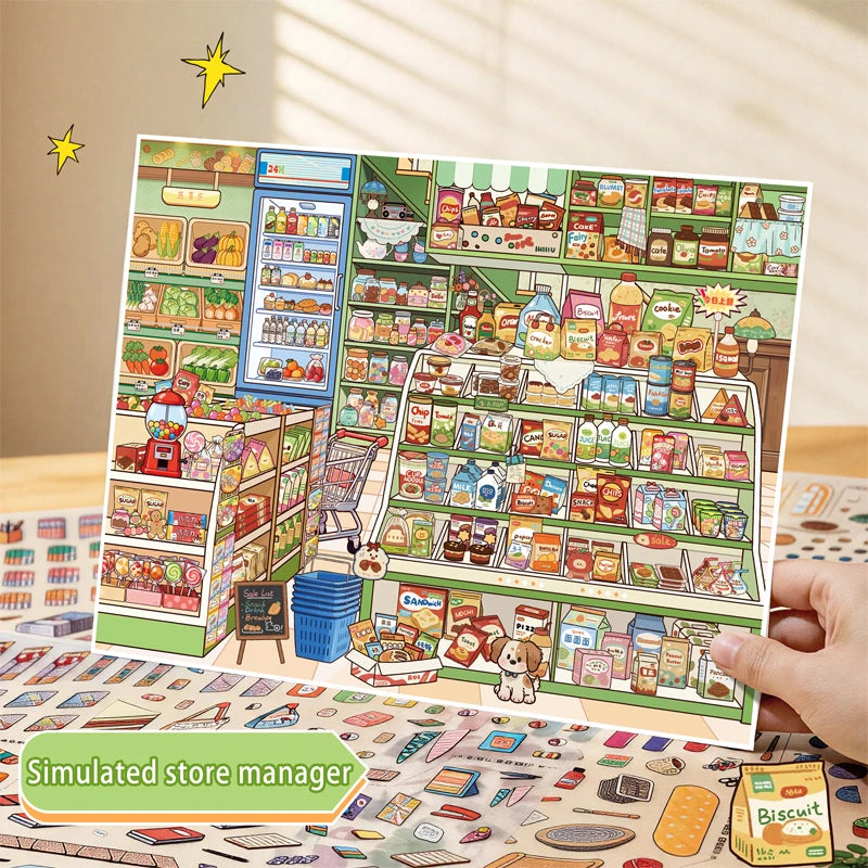 Immersive Scene-Creating Stickers, Multi-Scene Miniature Store Material Stickers, Panoramic Positioning, No-Cut DIY Journal D