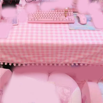 Cute Kawaii Girls Hot Pink Tablecloth Rectangular Cotton Wallpaper Mat Plaid Desk Cloth Room Decoration - B