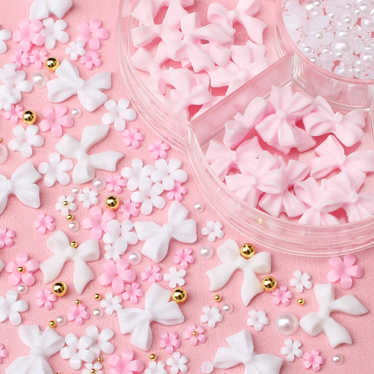 1box 3D Flower Bow Nail Art Decorations Kit Pink/White Acrylic Floral/Peal Beads Nail Charm with Wax Pen/Tweezer 4/6mm Nail P