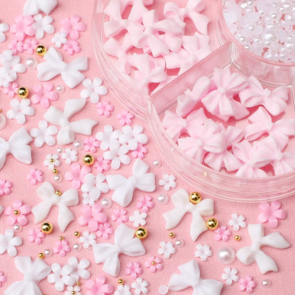 1box 3D Flower Bow Nail Art Decorations Kit Pink/White Acrylic Floral/Peal Beads Nail Charm with Wax Pen/Tweezer 4/6mm Nail P