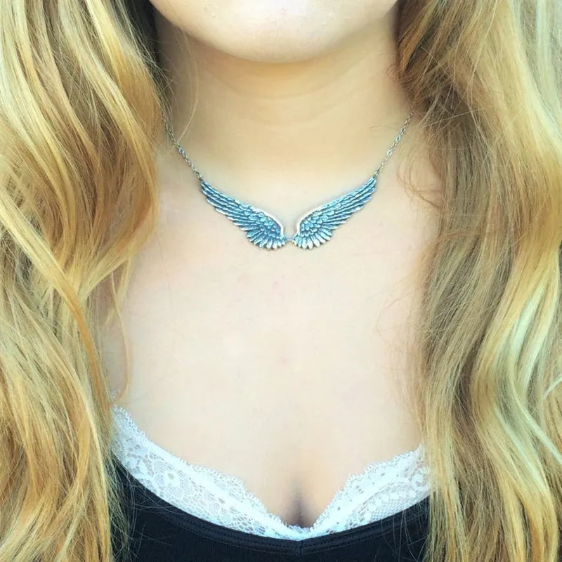 Vintage Silver Color Angel Wings Feather Choker Big Pendant Link Chains Statement Necklace for Women Wedding Tribal Gifts
