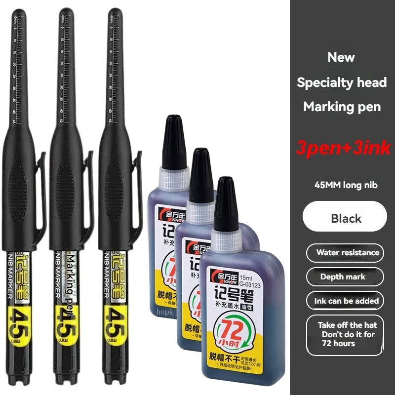 45mm Waterproof Deep Hole Marker Pens Long Nib Head Carpenter Pen White/Black/Blue Ink for Multi-Purpose Woodworking Hand Too