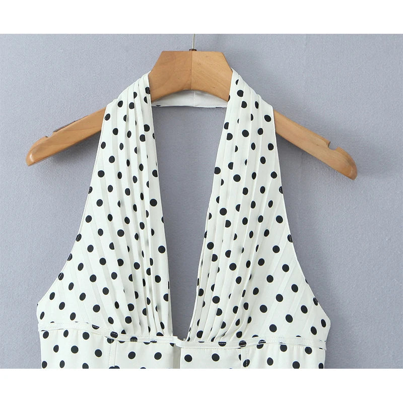 YENKYE French Style Retro Polka Dot Deep V Halter Dress Women Sexy Backless A-line Slim Sweet Elegant Mini Dresses Summer Rob