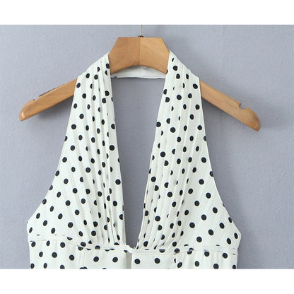 YENKYE French Style Retro Polka Dot Deep V Halter Dress Women Sexy Backless A-line Slim Sweet Elegant Mini Dresses Summer Rob