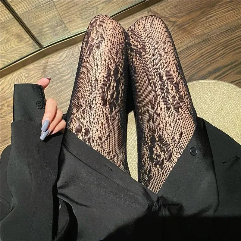 Women Sexy Black White Lolita Hollowed Lace Mesh Stockings Bottomed Pantyhose Japanese Goth Floral Rattan Fishnet Classic Tig