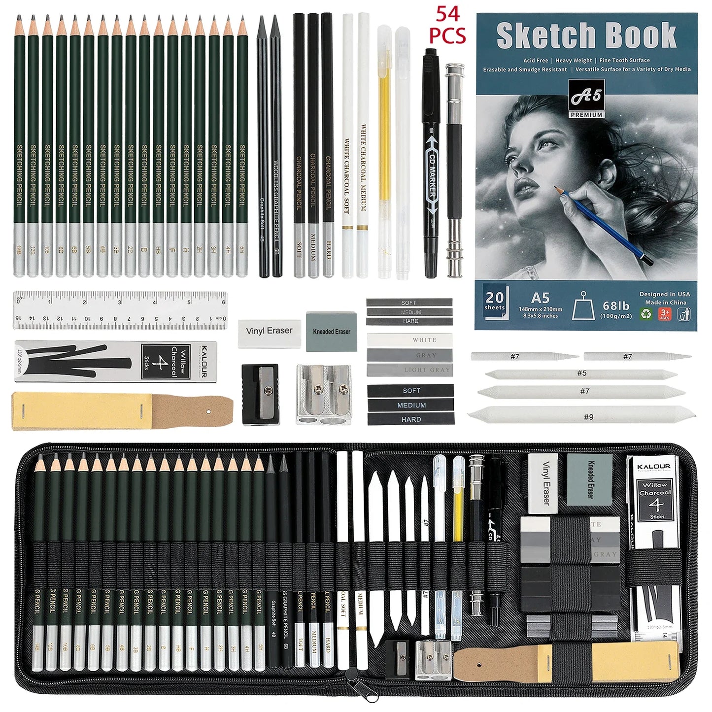 14-58 Pack Drawing Sketching Set,Pro Art Sketch Supplies with 3-Color Sketchbook,Graphite,Charcoal Pencil,Ideal for Shading