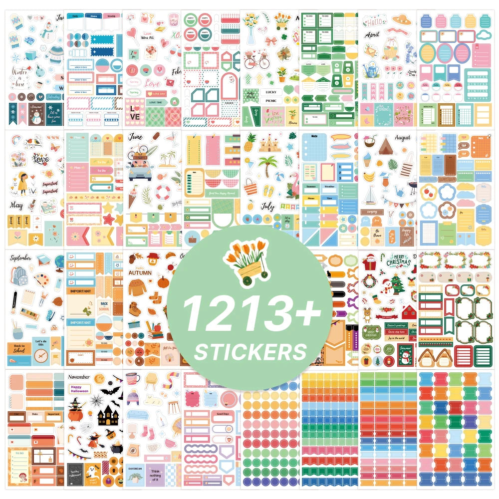 1213pcs Colorful Paper Label Sticker Book Daily Notes Marking Aesthetic Planning Coil Sticker Book Journal Scrapbooking Suppl
