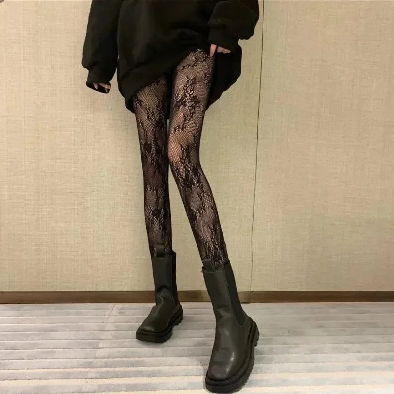 Women Sexy Black White Lolita Hollowed Lace Mesh Stockings Bottomed Pantyhose Japanese Goth Floral Rattan Fishnet Classic Tig