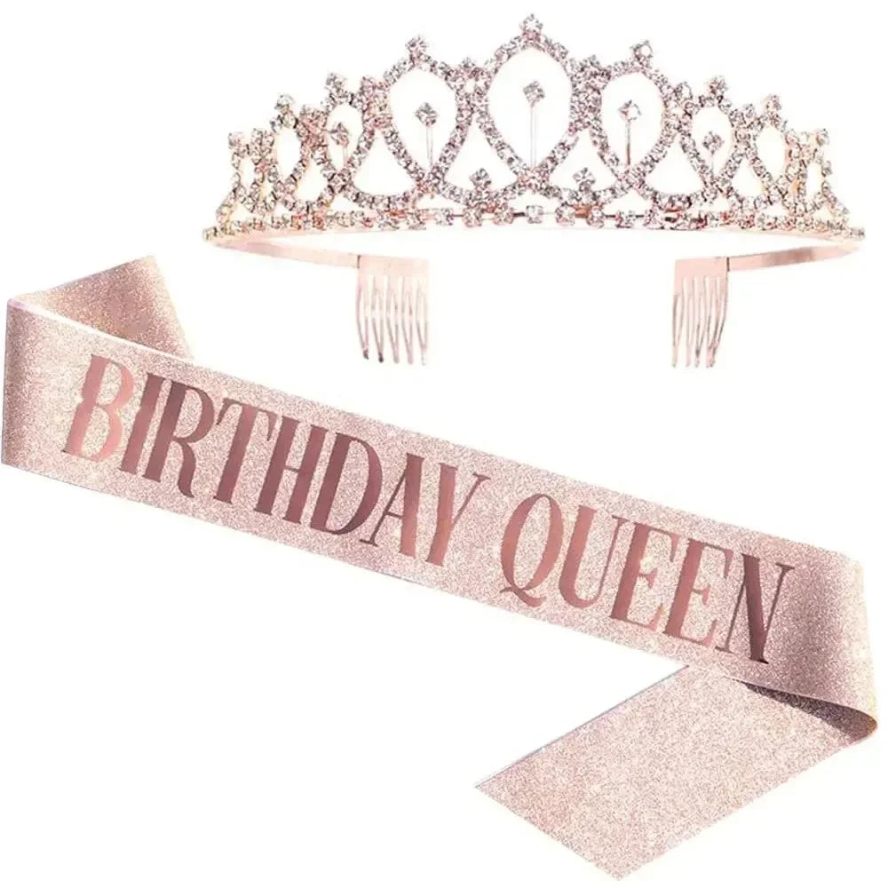 Bling Rhinestone Crystal Crown Tiara Birthday Anniversary Decoration Happy 18 21 30 40 50th Birthday Satin Sash Party Supplie
