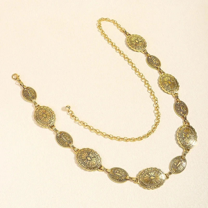 Retro Metal Waist Chain for Women Carved Round Decorative Belt Fashion Waist Jewelry Dress Accessories