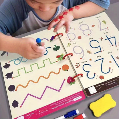 34-Page Reusable Magic Tracing Workbook, Educational Drawing and Pen Control Training, Includes Pen and Eraser, Essential for