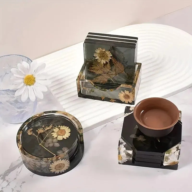 Coaster Resin Molds Set Include 1pc Coaster Storage Box Mold, 4Pcs Silicone Resin Coaster Mold for Epoxy Resin