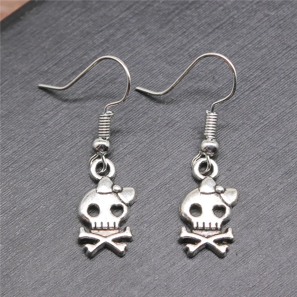 Fashion Handmade Simple Design Antique Silver Color Bow Skull Pendant Earrings Women Vintage Drop Earrings