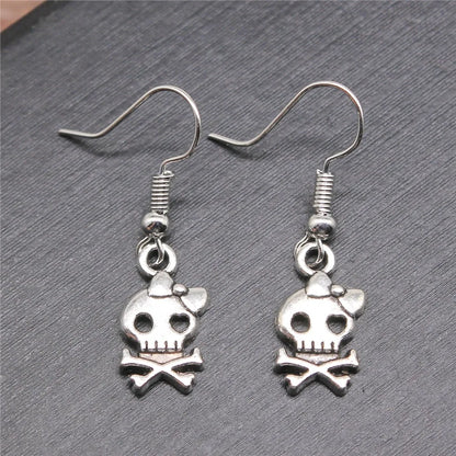 Fashion Handmade Simple Design Antique Silver Color Bow Skull Pendant Earrings Women Vintage Drop Earrings