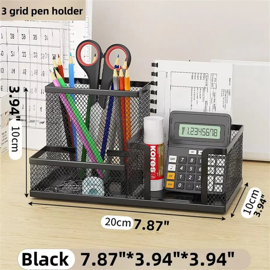 Mesh Desk Organizer Office Supplies Caddy with Pencil Holder and Storage Baskets for Desktop Accessories, 3 Compartments, Bla