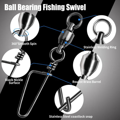 FishTrip Fishing Snap Swivels Ball Bearing Swivels with Stainless Steel Coastlock Snap Corrosion Resistant Black Nickel Coati
