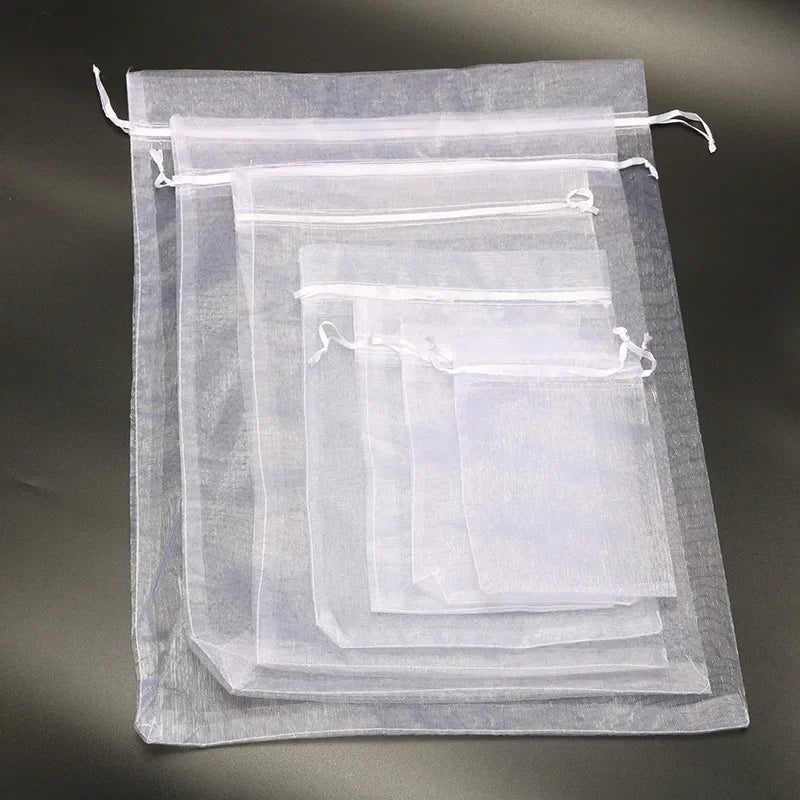 50PCS 5x7 7x9 9x12 10x15 11x16 13x18 15x20 17x23cm White Organza Bags Christmas Halloween Birthday Party Wedding Gift Box Bag