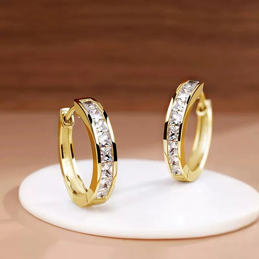 Huitan Classic Design Women Hoop Earrings Full with Princess Square CZ Simple and Elegant Female Accessories Versatile Jewelr