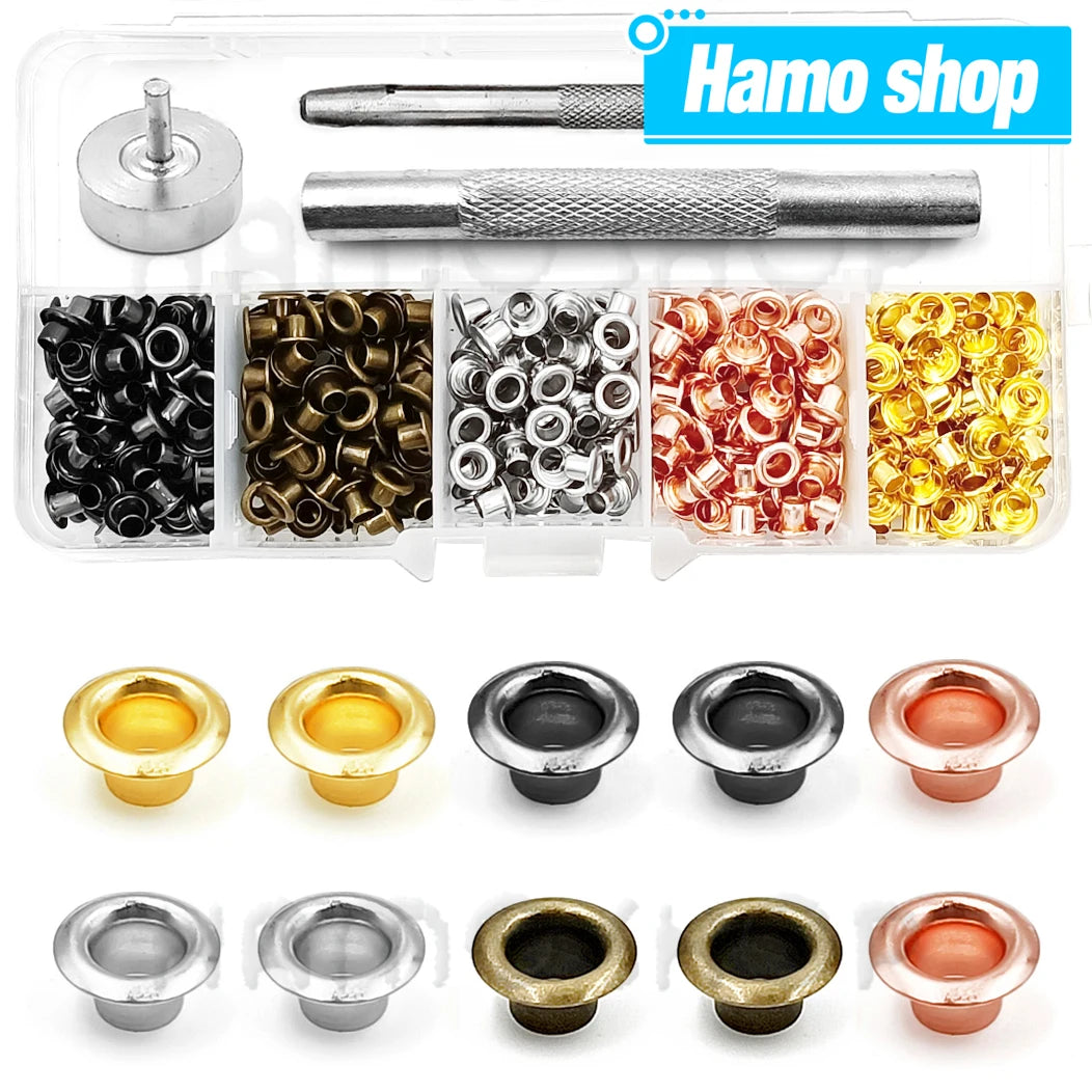 200pcs Metal Eyelet Gromment Kit Eyelet Punch Install Tool Set With Storage Box For LeatherCraft Shoes Belt Cap Bag Tags Clot