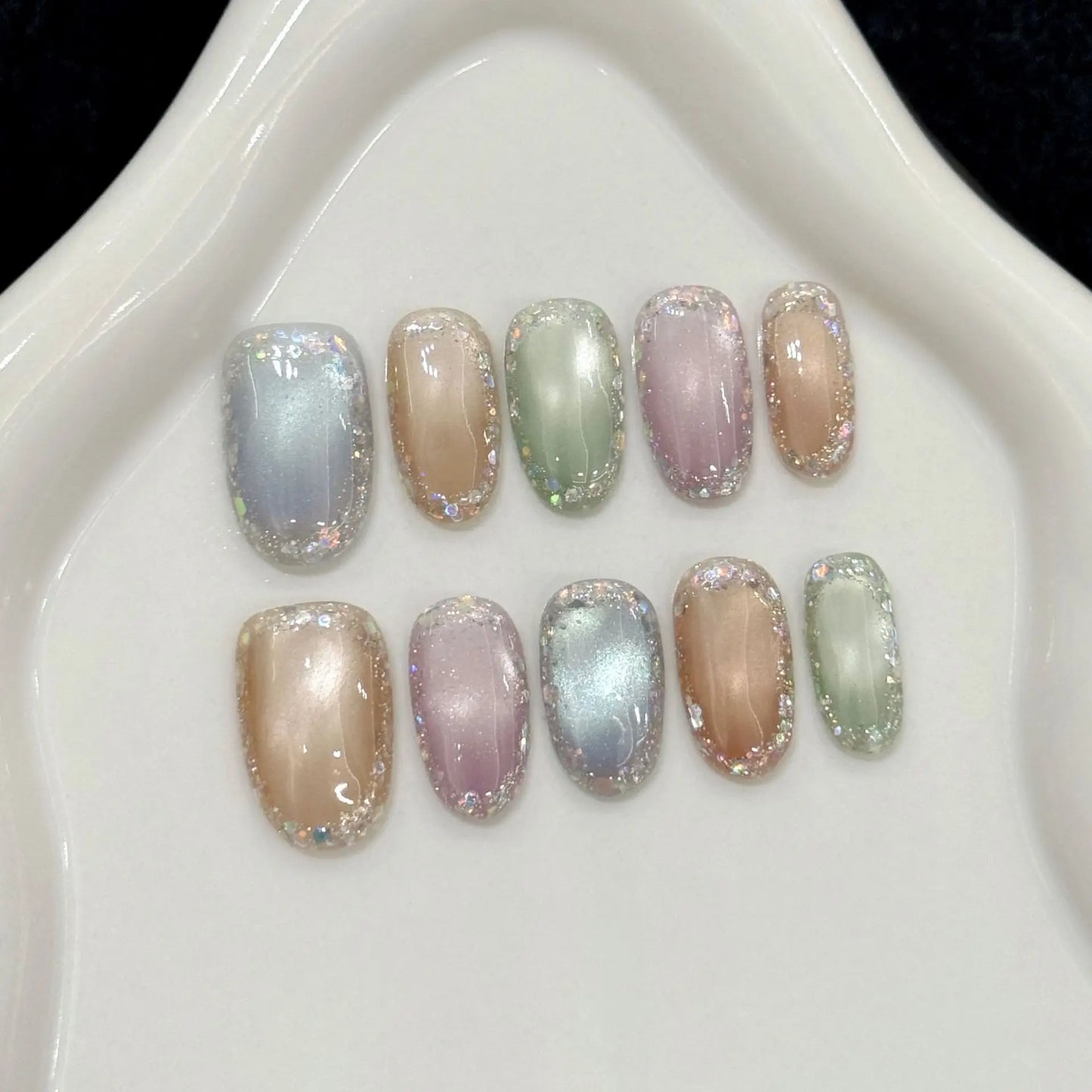 10pcs Handmade Press On Nails Solid Color Glossy Glass Beads Cat's Eye False Nails Full Cover Short Almond Fake Nail For Wome