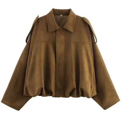 HXAO Women's Bomber Jacket Lapel Long Sleeve Zipper Suede Jacket Women 2025 High Street Cropped Racing Jackets Coats Outerwea