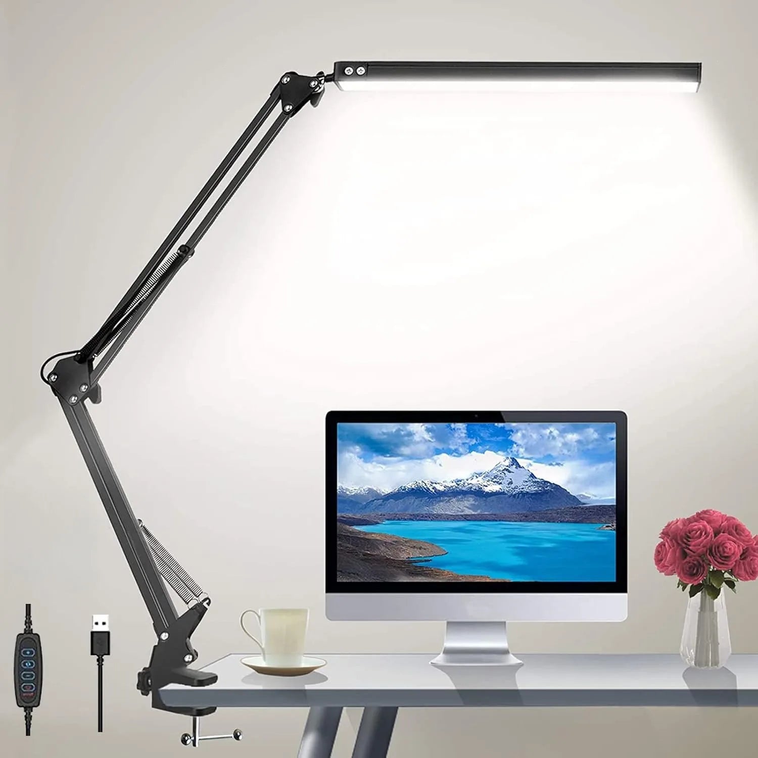 LED Folding Metal Desk Lamp Clip on Light Clamp Long Arm Diming Table Lamp 3 Colors Adjustable For Living Room Reading Comput