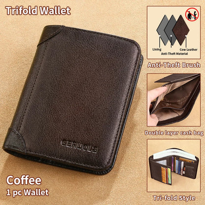 GERUOLA Slim RFID Shielded Genuine Leather Wallet for Men-Multifunctional ID & Credit Card Holder Dark Brown with Embellishme