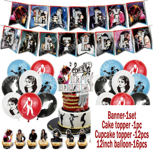 M-Michael&Jackson Fans Party Supplies Retro 80s 90s Music Birthday Party Decor Balloon Banner Cake Toper Adult Kids Party Fav